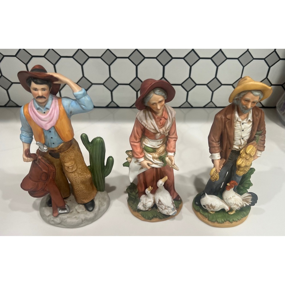 Vintage Homco Porcelain Figurines Set Cowboy Farm Couple 1419 1477 3 Piece